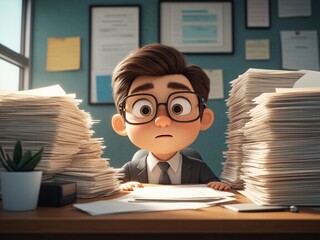 Cartoon employee manages paperwork stacks indoors overwhelmed