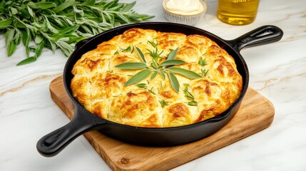 A classic cornbread stuffing with golden crust, served in a cast iron skillet with fresh sage and butter