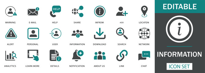 Information Icon Set Featuring information, alert, email, search, network, analytics, notification, chat, download, and more. Perfect for websites, apps, UI UX, customer support, and data dashboards.