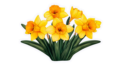 Bouquet of yellow daffodils with green leaves, cut out transparent
