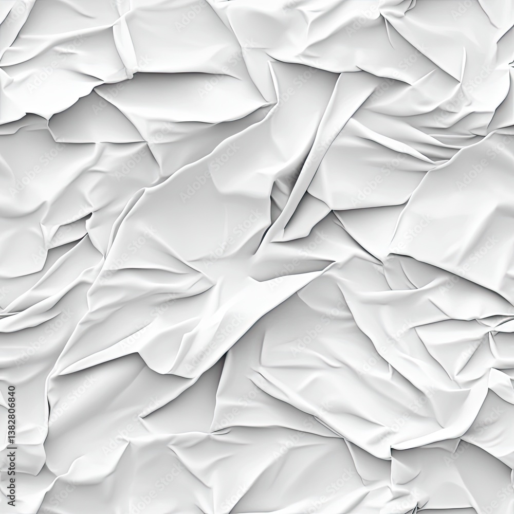 Poster crumpled white paper fills the frame with intricate folds and shadows, highlighting the beauty of te