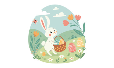 Fototapeta premium Colorful Easter eggs surrounded by flowers in a spring garden setting, perfect for a holiday celebration or greeting card design