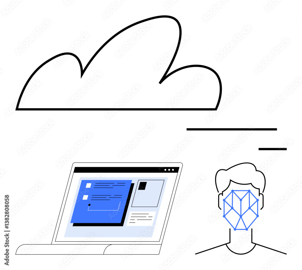 Poster cloud with simplified lines, laptop displaying user interface, and face with ai recognition pattern.