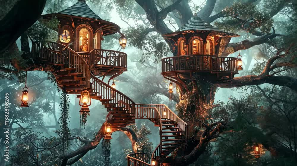 Poster two whimsical treehouses with intricate staircases rise among ancient trees, illuminated by lanterns