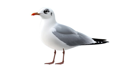 Fototapeta premium Gull in Profile: A detailed shot of a graceful gull in its full form, exhibiting pristine plumage and vibrant markings. The gull stands in profile.