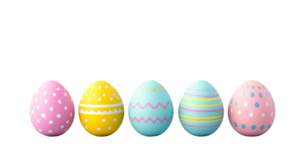 Five colorful painted Easter eggs on a black background, cut out transparent