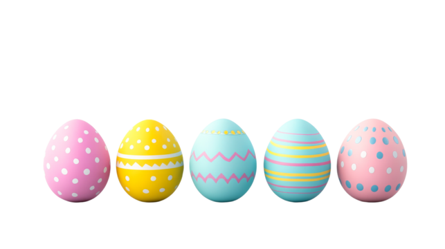 Five colorful painted Easter eggs on a black background, cut out transparent