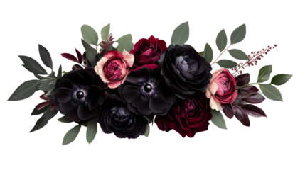 Dark flowers arrangement, anemone, rose, bouquet, cut out transparent