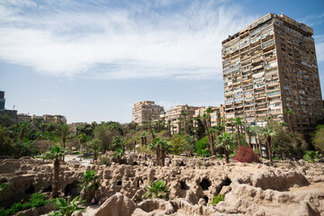 Cairo, Egypt. Panoramic view of Cairo from drone point of view. Mosques and rooftops of buildings.