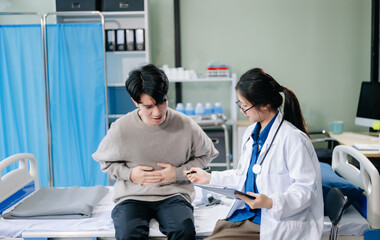 Doctor examining patient with symptoms in a clinic. Medical consultation and healthcare interaction.