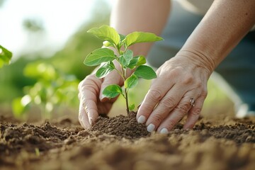 Gardening hands planting young green seedling in soil