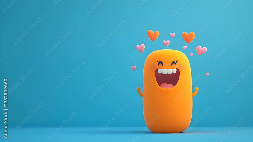 Poster playful orange blob character expressing joy with heart symbols
