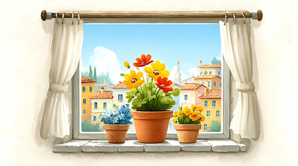 Charming Window View with Colorful Flowers and Scenic Background