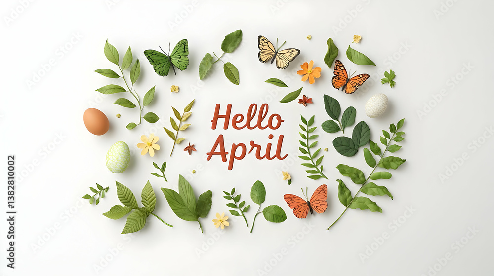 Poster 3d rendered text saying hello april surrounded by spring elements