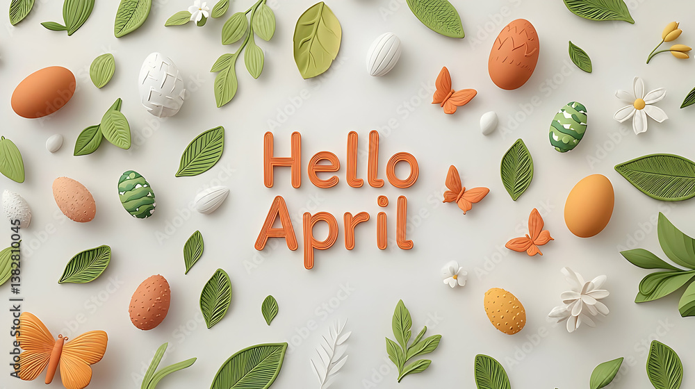 Poster 3d rendered text with spring elements and bright colors for april