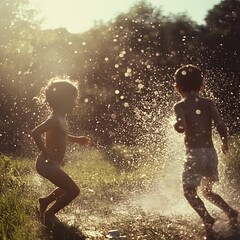 Children Playing in Sprinkler on a Sunny Day
