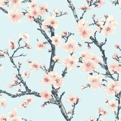Delicate Pink and White Cherry Blossom Seamless Pattern on Pale Blue