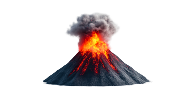 Volcanic eruption spews lava and ash, geology, fire, danger, isolated, cut out transparent