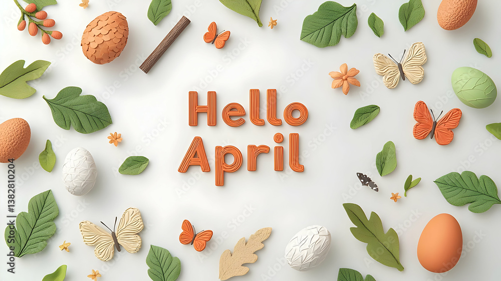 Poster hello april 3d rendered scene with spring elements and butterflies