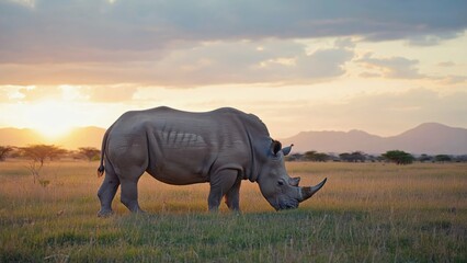 Fototapeta premium Sunset over African savannah with a large rhino walking in the grasslands.