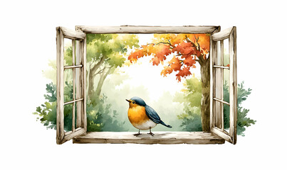 Serene View Through Open Window with Colorful Bird and Nature Scene