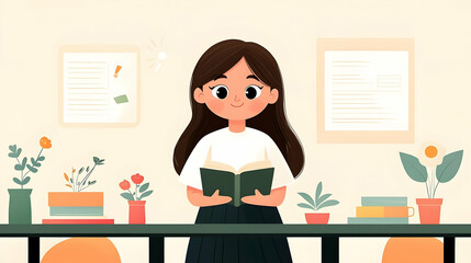 Young Girl Reading in Classroom with Plants and Illustrations