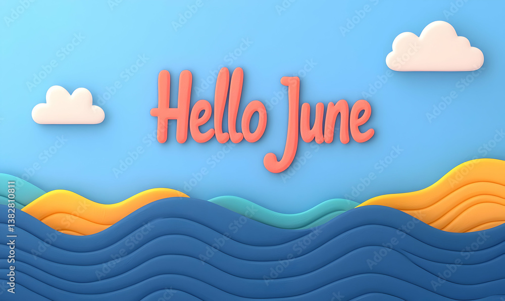 Poster digital illustration of ocean waves with clouds and hello june text