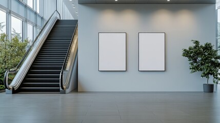 Modern minimalistic interior with empty frames and escalator in bright lobby