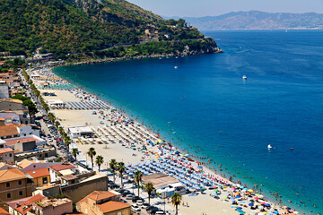 The city of Scilla Calabria Italy. Aerial view of Marina Grande beach