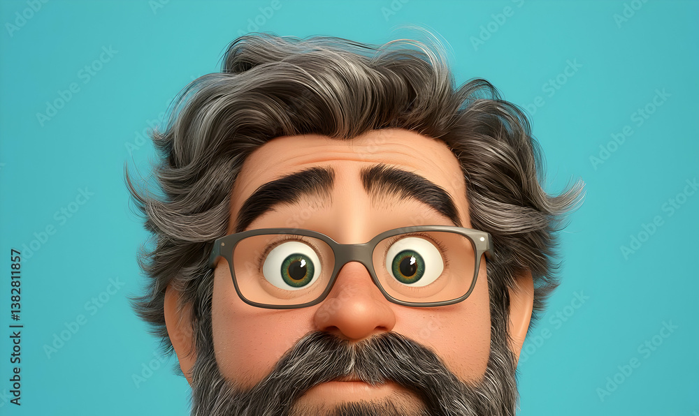 Poster surprised animated character in a light blue background close-up