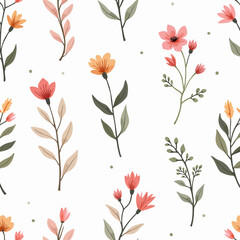 Seamless pattern with flowers, Hand drawn Flowers and branches in Scandinavian style	
