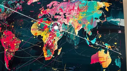 A vibrant abstract world map features colorful splashes and interconnected lines highlighting major cities and regions, capturing a dynamic view of global connections. - Powered by Adobe