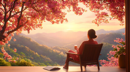 Serene Moment on Balcony Surrounded by Sakura Blossoms and Nature