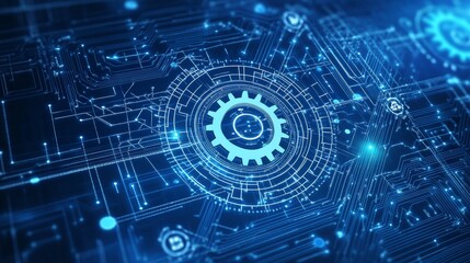 Obraz premium AI Digital Gears and Network Connections in Blue Technology