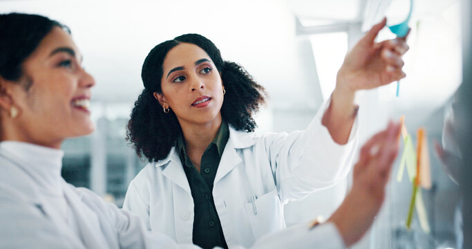 Lab, scientist and women with medical research, collaboration and colleagues with sticky notes for info. Brainstorming, reading and teamwork for healthcare in clinic, pharmaceutical and plan for cure