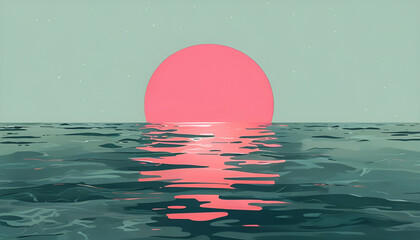 Serene Seascape At Sunset With Coral Pink Sun