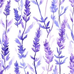 Watercolor Lavender Seamless Pattern Purple Flowers and Stems on White