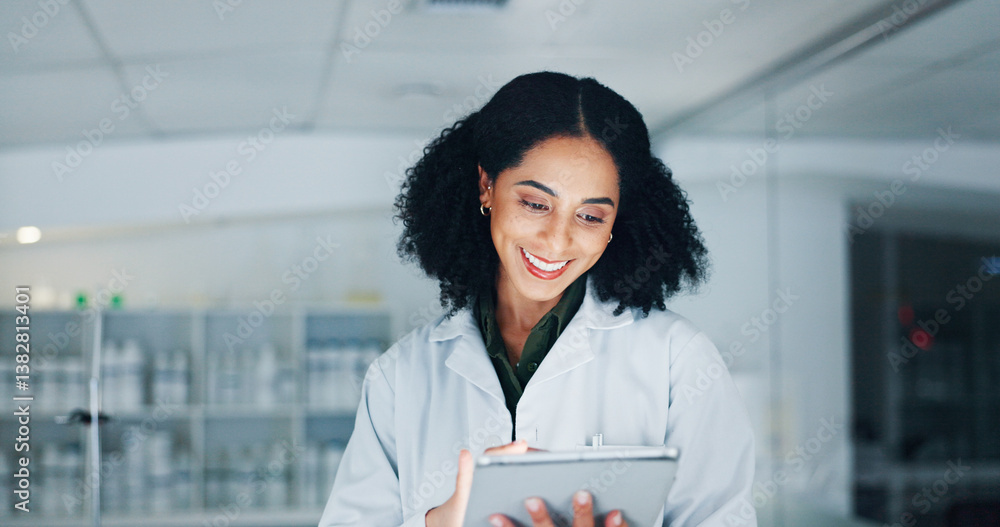 Poster research, medical and woman in lab, tablet and internet with experiment results. person, scientist a