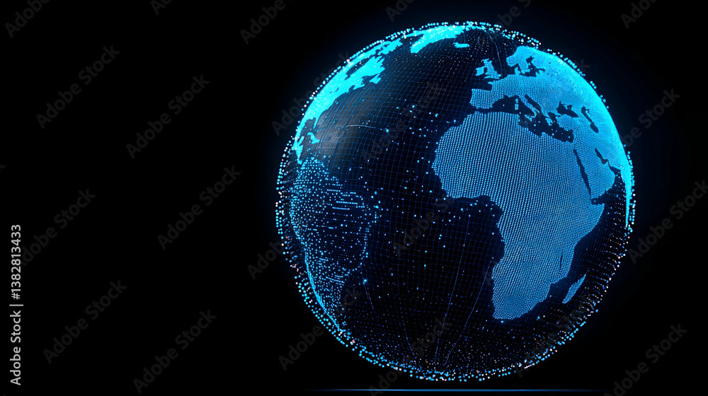 Poster digital globe with glowing network activity in dark background