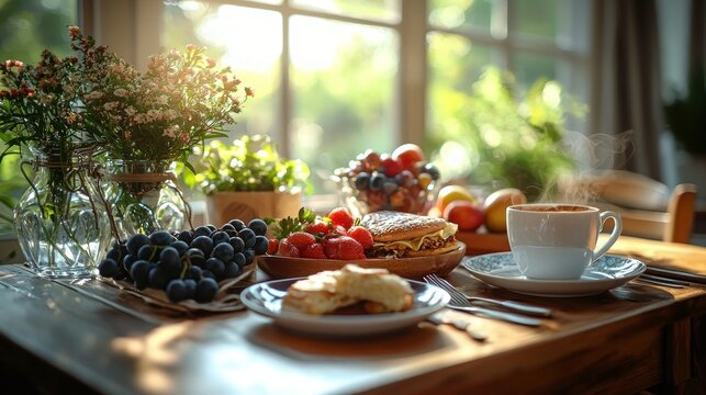 Sunny breakfast scene on a wooden table, with fresh fruits, pastries, and coffee - Powered by Adobe