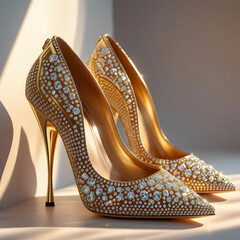 Obraz premium Opulent Gold Cone-Heel Shoes with Intricate Metalwork and Diamonds, Set Against Sleek Black Backdrop