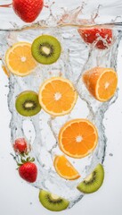 Assortment Fruits In Fresh Clear Transparent Water White Background
