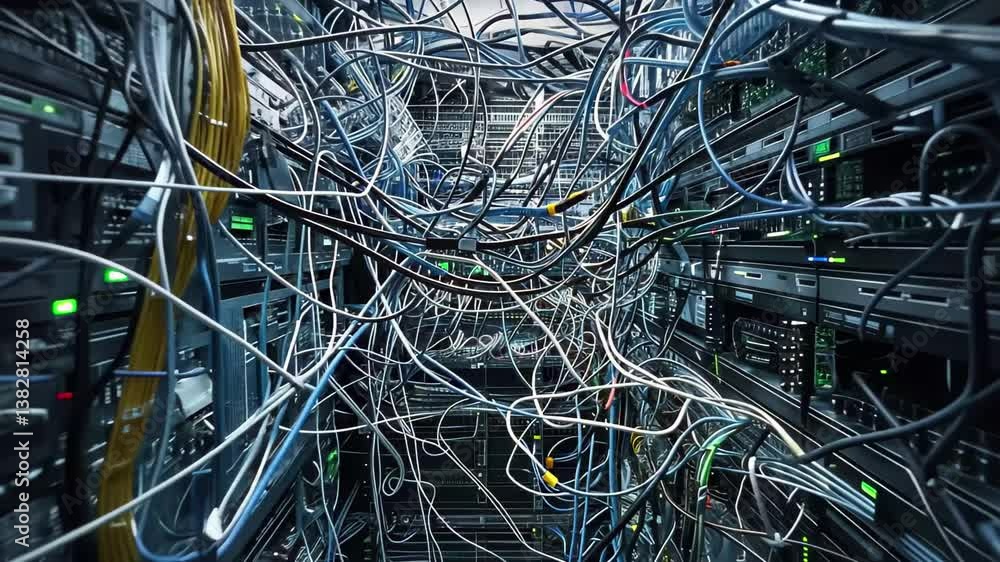 Poster a dense arrangement of tangled wires fills a server room, illustrating the complexity of connections