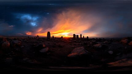 Fiery Sunset over Ancient Stone Circle with Dramatic 360 Panorama.