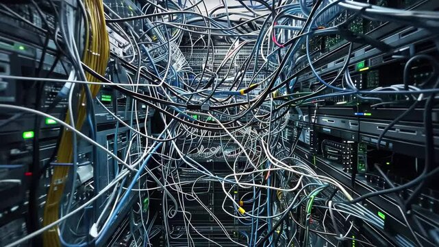 A dense arrangement of tangled wires fills a server room, illustrating the complexity of connections necessary for data processing and storage.