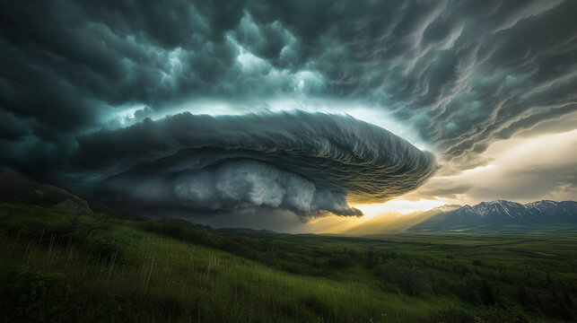 with dramatic dark clouds and rays of sunlight breaking through 