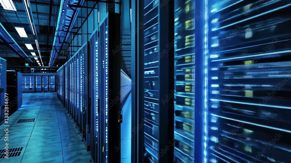Poster rows of high-performance servers fill a modern data center, lit with a blue hue, highlighting the te
