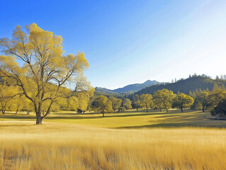 Obraz premium Golden grasses sway gently beneath a clear blue sky in a tranquil valley landscape