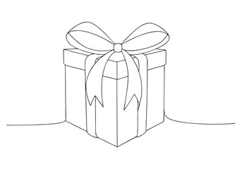 Continuous line drawing of a birthday gift box with ribbon and bow, minimalistic single-line vector illustration

