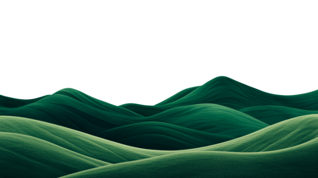 Rolling green hills landscape in meadow with textured surface, cut out transparent